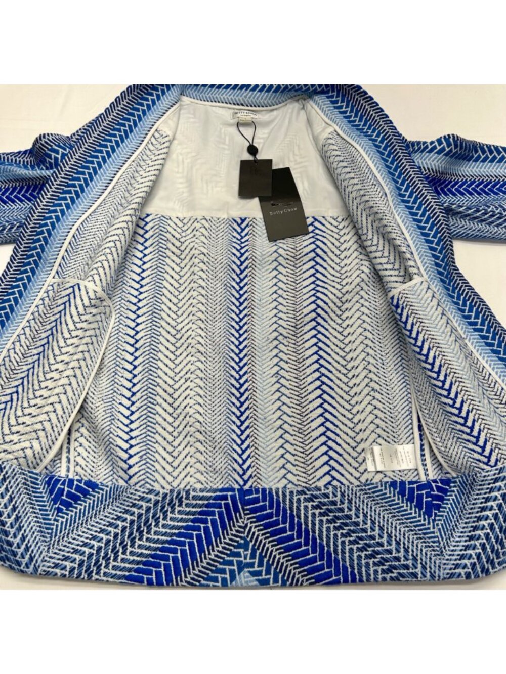 Betty Chow Womens Blue & White Chevron Pattern Open Front Jacket - Size S - Picture 7 of 16